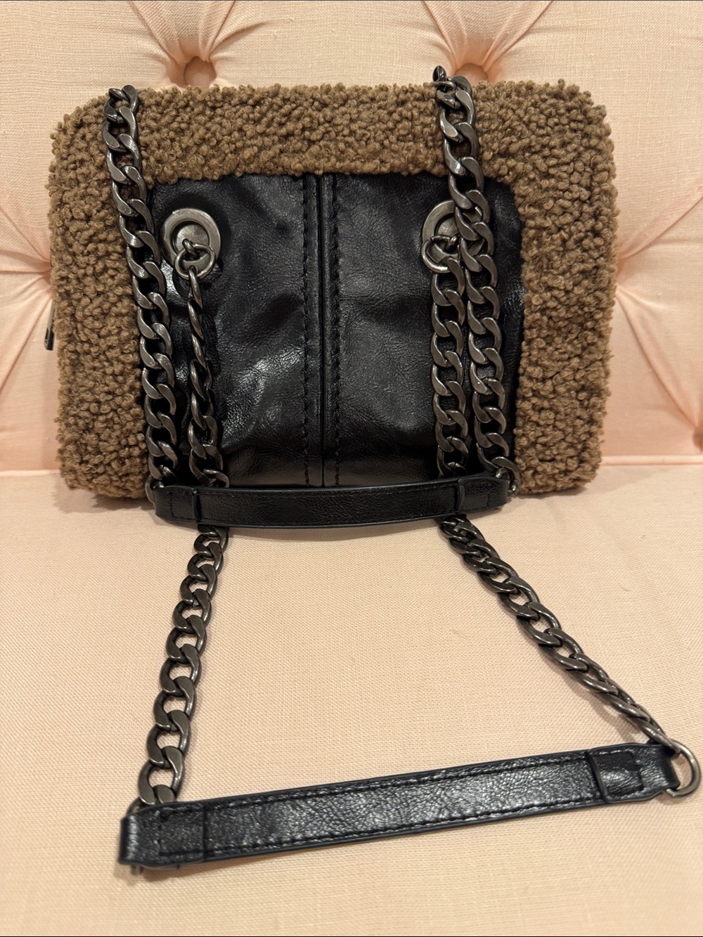 Zara Brown Faux Shearling & Black Leather Chain Shoulder Bag